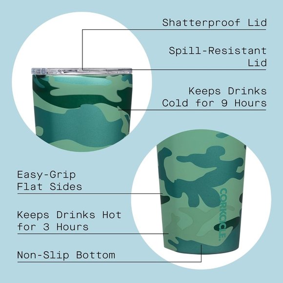Corkcicle Travel Tumbler, Insulated Water Bottle with Lid, Spill Proof Jade Camo - Picture 2 of 6